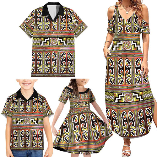 Maori Matariki Family Matching Summer Maxi Dress and Hawaiian Shirt Yellow Galaxy Aesthetic Koru Art