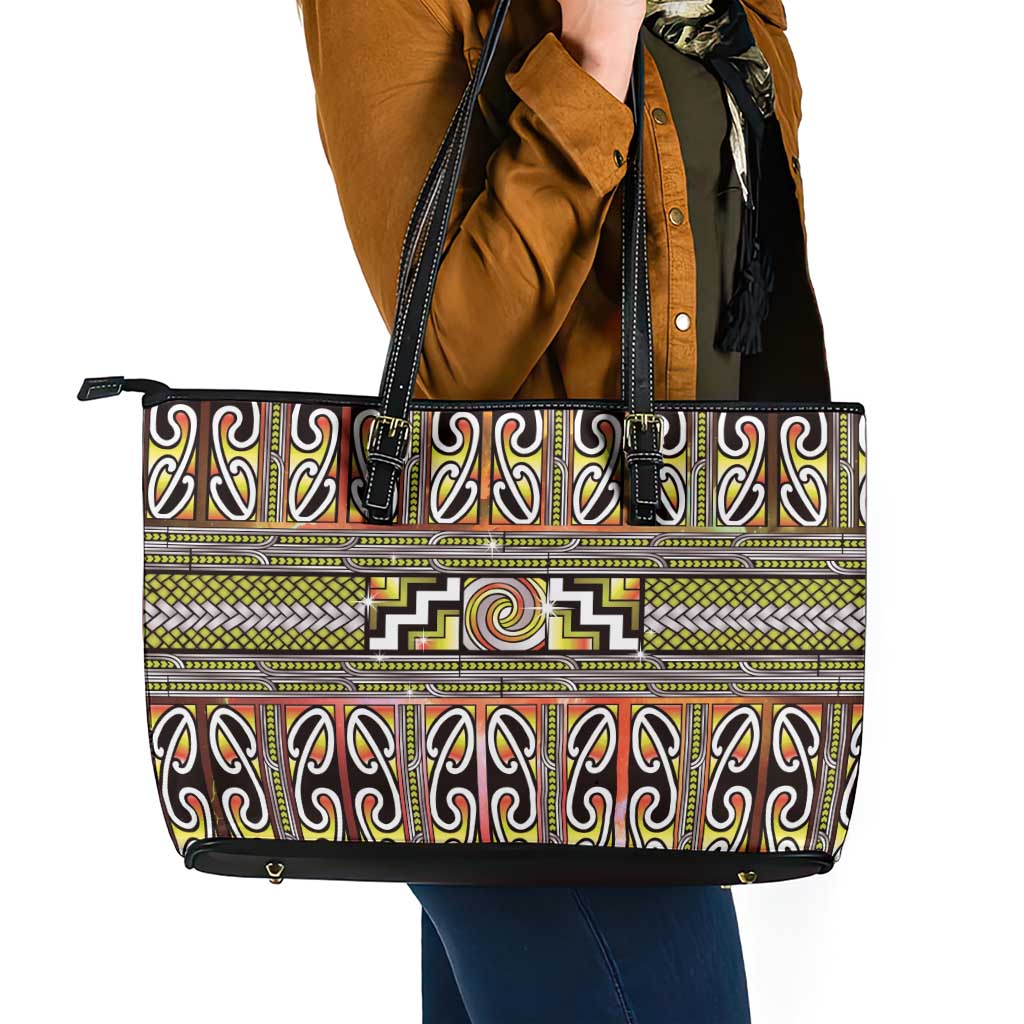 Maori Matariki Leather Tote Bag Yellow Galaxy Aesthetic Koru Art