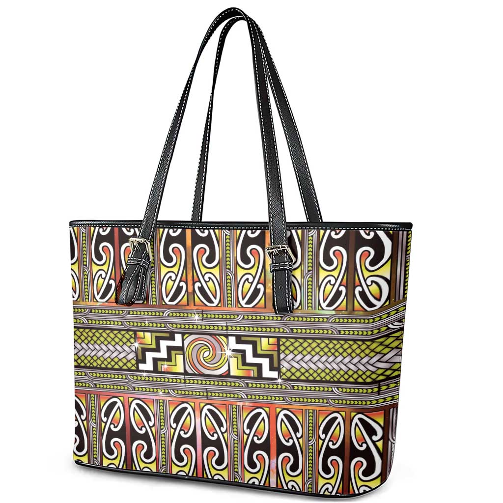 Maori Matariki Leather Tote Bag Yellow Galaxy Aesthetic Koru Art