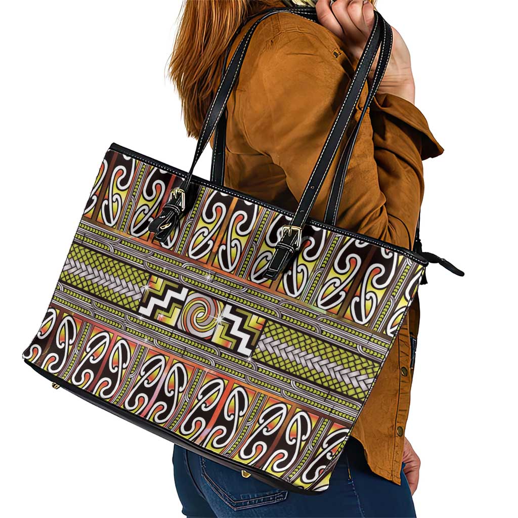 Maori Matariki Leather Tote Bag Yellow Galaxy Aesthetic Koru Art