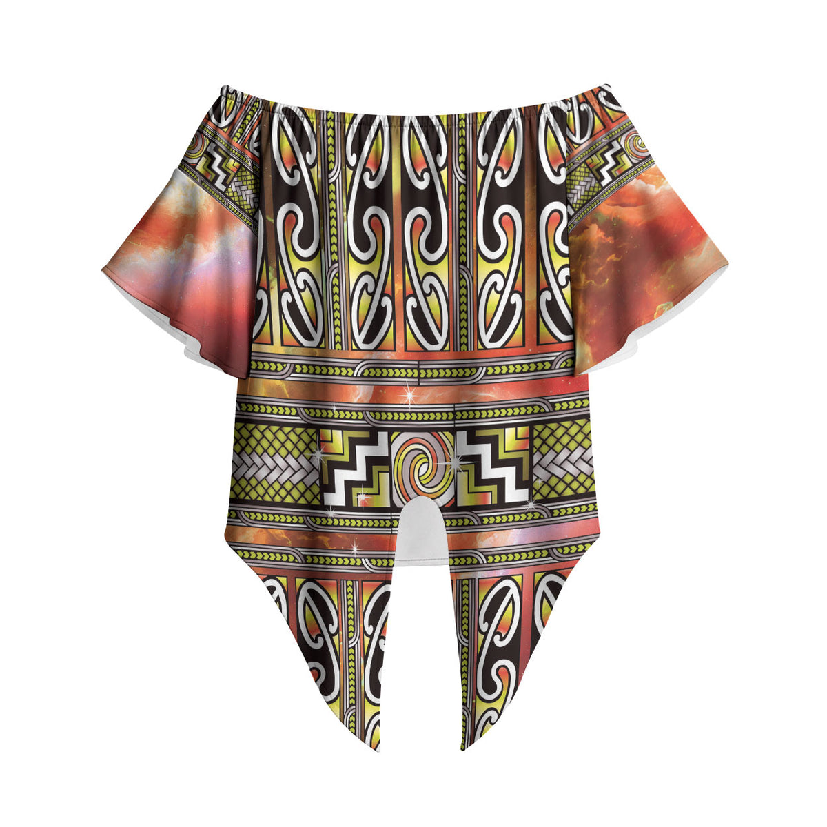 Maori Matariki Off Shoulder Wrap Waist Top Yellow Galaxy Aesthetic Koru Art