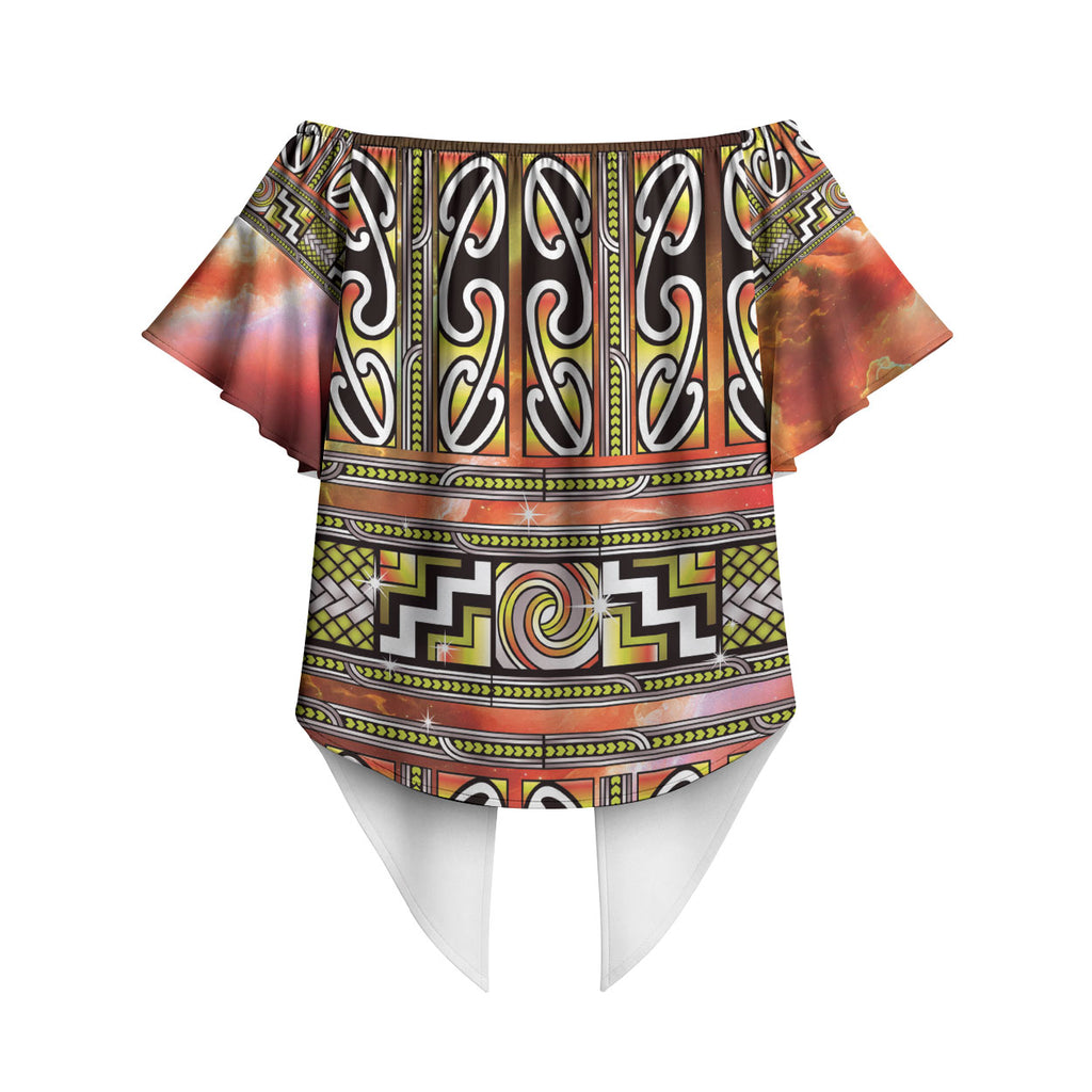 Maori Matariki Off Shoulder Wrap Waist Top Yellow Galaxy Aesthetic Koru Art