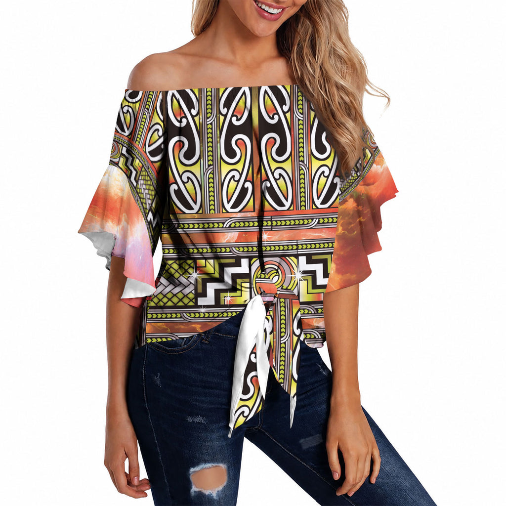 Maori Matariki Off Shoulder Wrap Waist Top Yellow Galaxy Aesthetic Koru Art