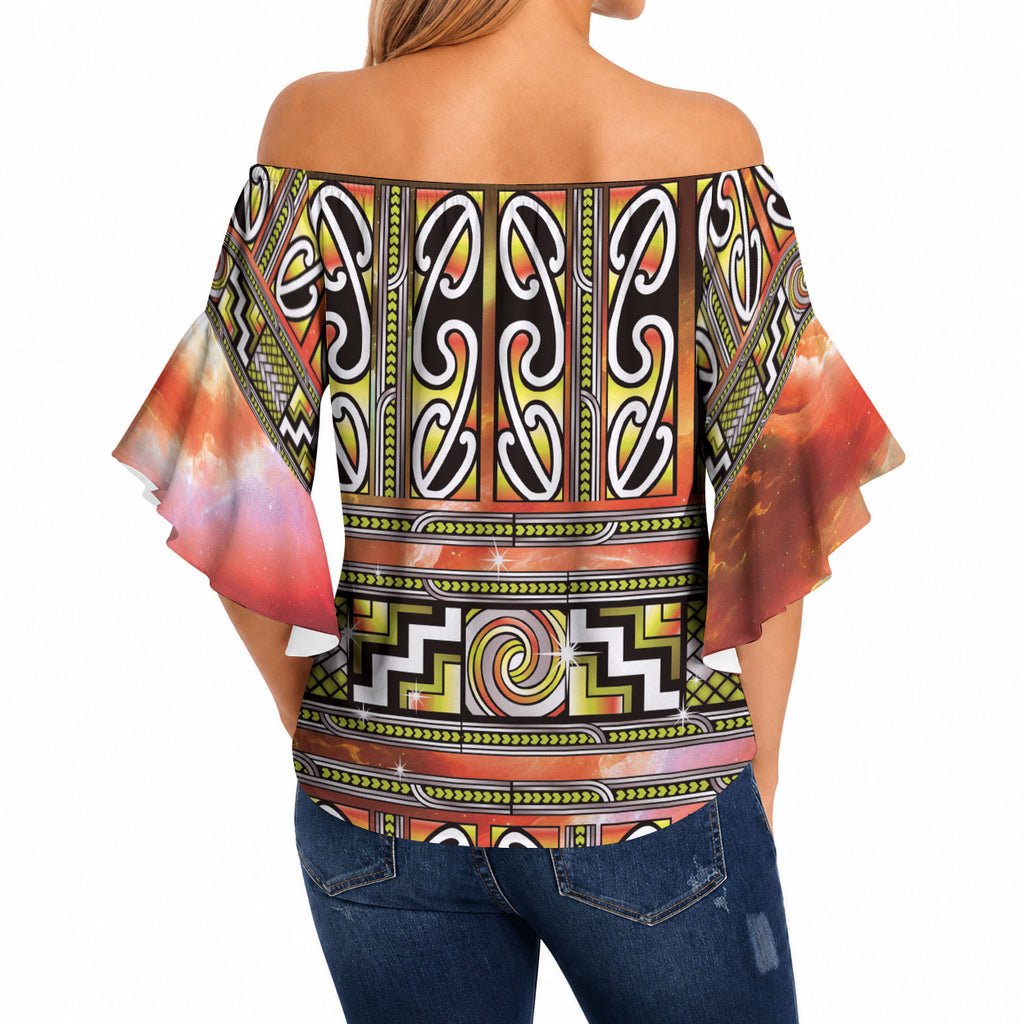 Maori Matariki Off Shoulder Wrap Waist Top Yellow Galaxy Aesthetic Koru Art