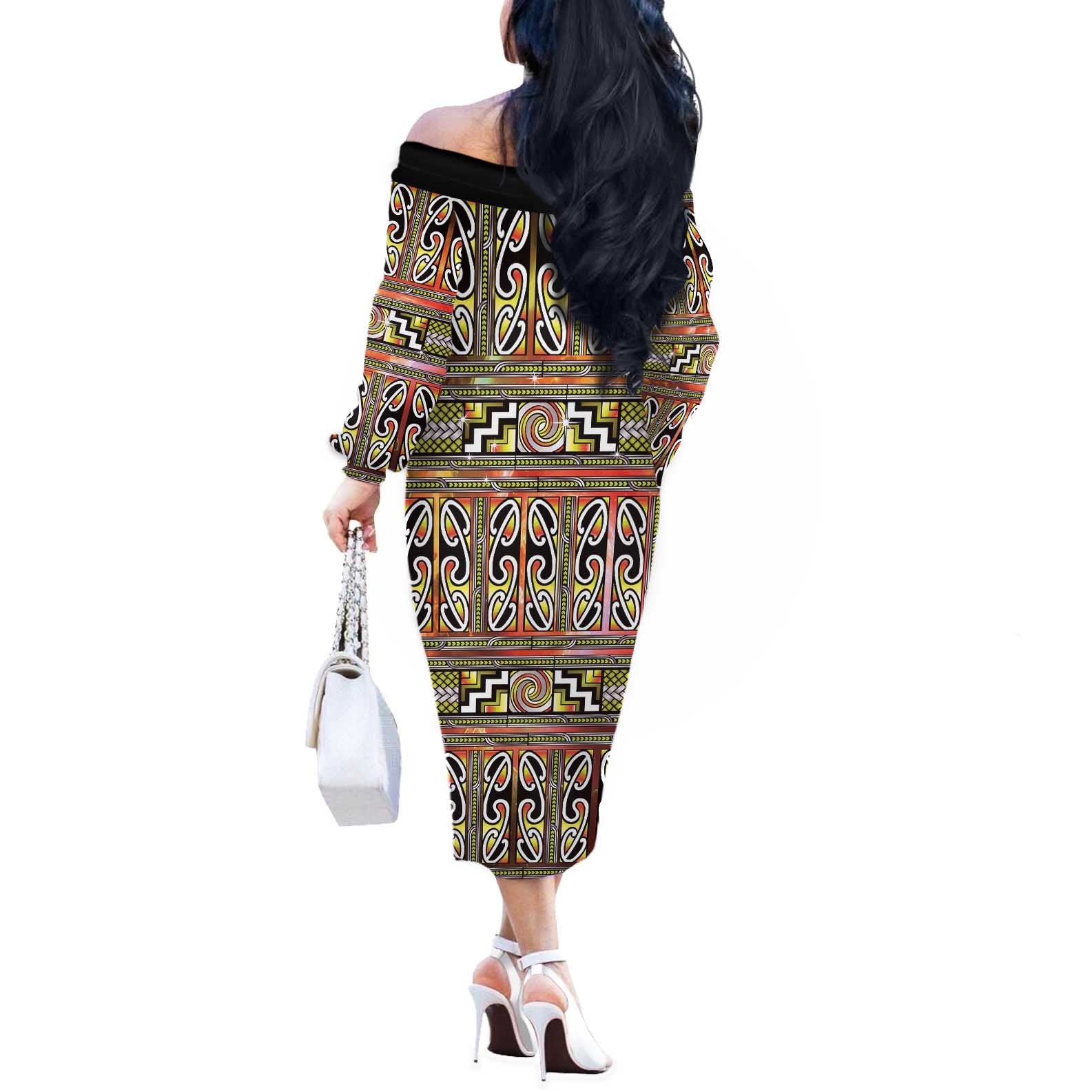 Maori Matariki Off The Shoulder Long Sleeve Dress Yellow Galaxy Aesthetic Koru Art
