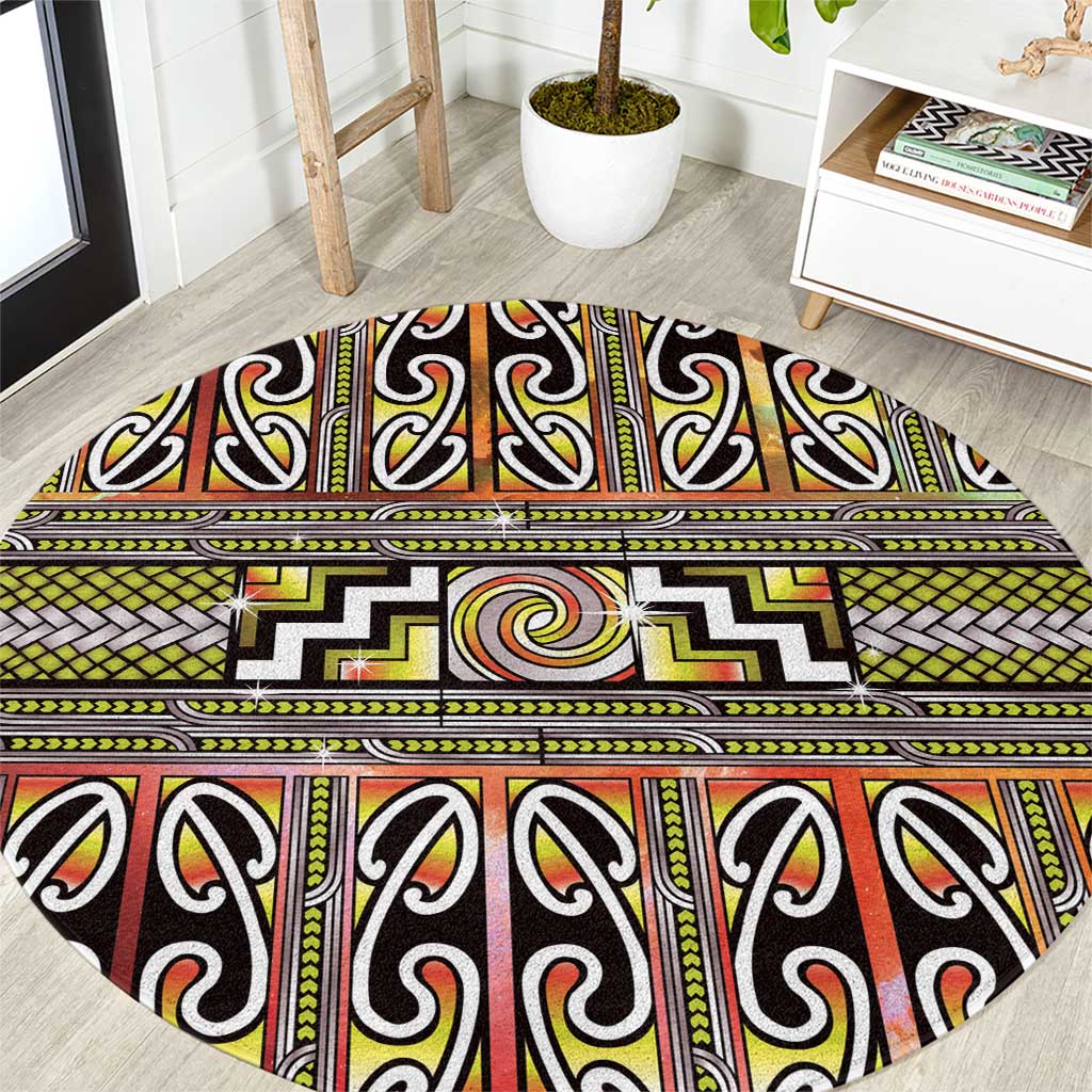 Maori Matariki Round Carpet Yellow Galaxy Aesthetic Koru Art