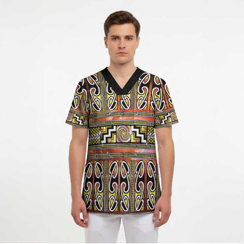 Maori Matariki Scrub Top Yellow Galaxy Aesthetic Koru Art
