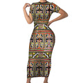 Maori Matariki Short Sleeve Bodycon Dress Yellow Galaxy Aesthetic Koru Art