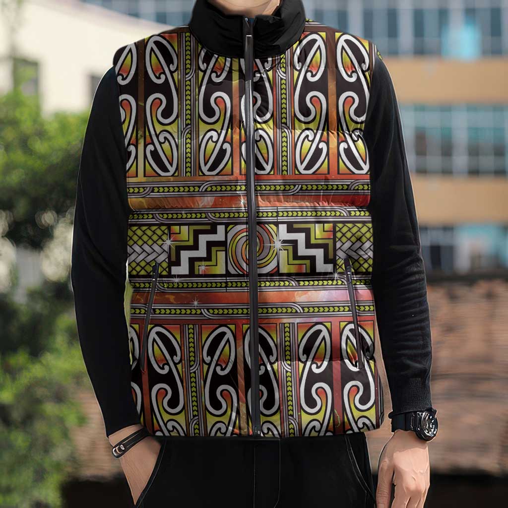 Maori Matariki Sleeveless Puffer Jacket Yellow Galaxy Aesthetic Koru Art