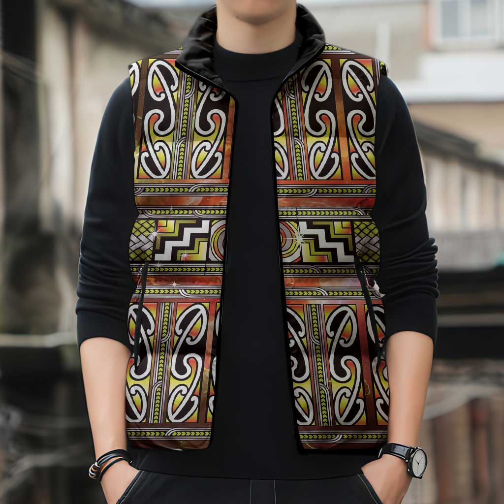 Maori Matariki Sleeveless Puffer Jacket Yellow Galaxy Aesthetic Koru Art