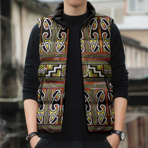 Maori Matariki Sleeveless Puffer Jacket Yellow Galaxy Aesthetic Koru Art