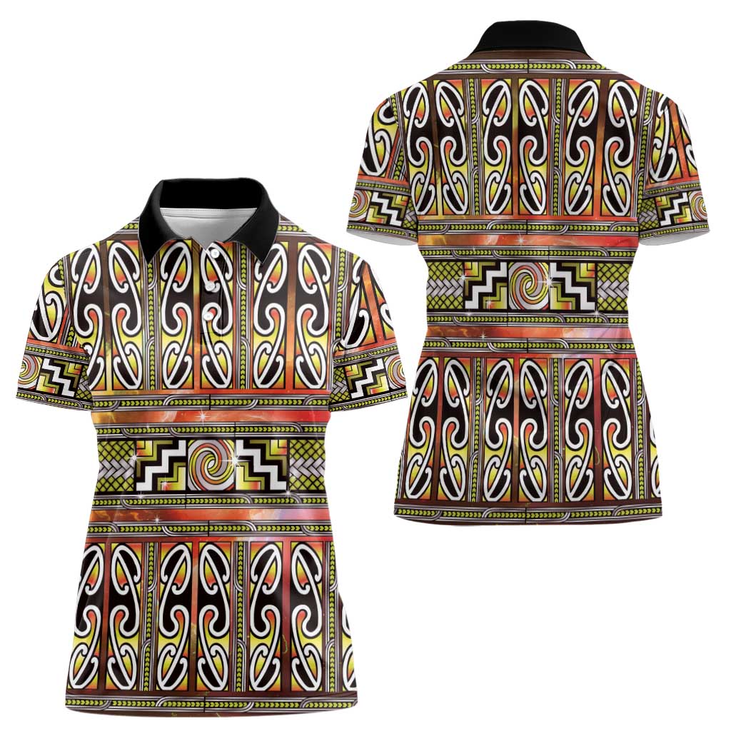 Maori Matariki Women Polo Shirt Yellow Galaxy Aesthetic Koru Art