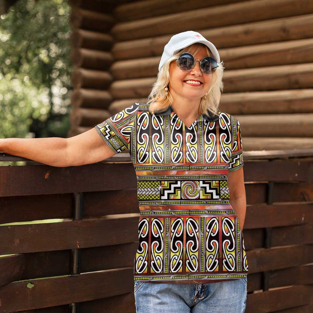 Maori Matariki Women Polo Shirt Yellow Galaxy Aesthetic Koru Art