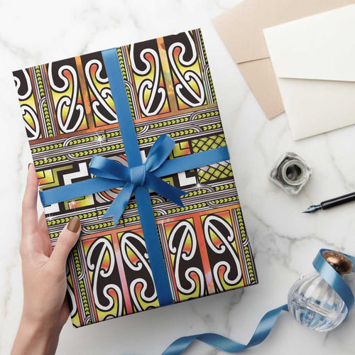 Maori Matariki Wrapping Paper Yellow Galaxy Aesthetic Koru Art