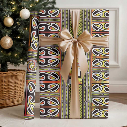 Maori Matariki Wrapping Paper Yellow Galaxy Aesthetic Koru Art