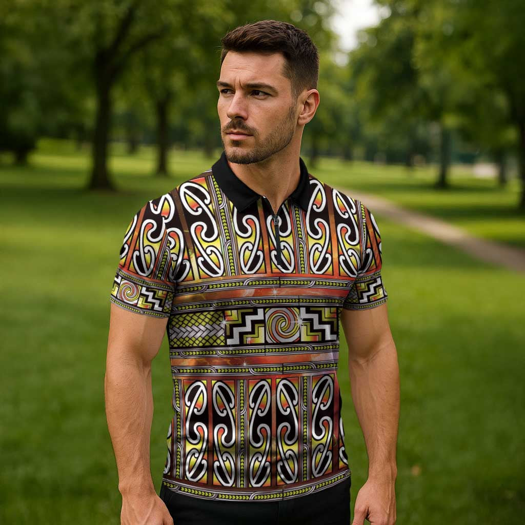 Maori Matariki Zipper Polo Shirt Yellow Galaxy Aesthetic Koru Art