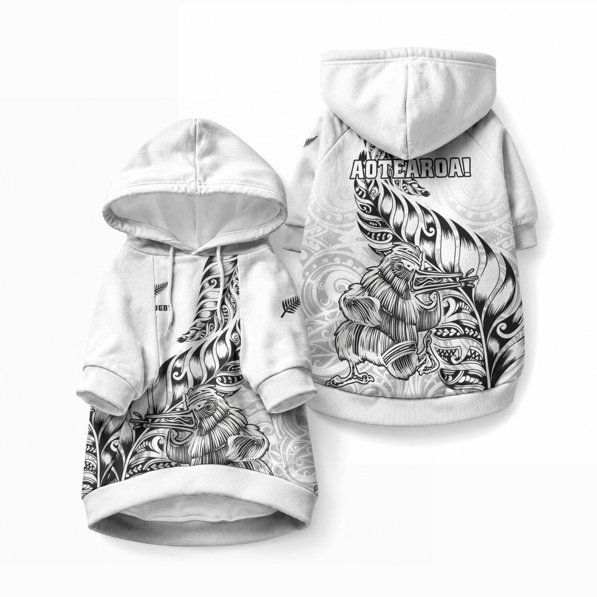 New Zealand Silver Fern Rugby Pet Hoodie Aotearoa Kiwi Maori White Version