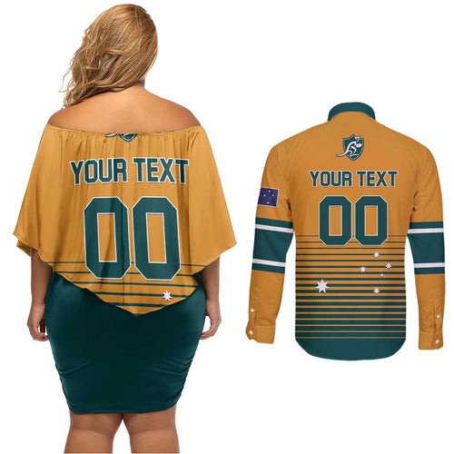 Custom Rugby Australia Couples Matching Off Shoulder Short Dress and Long Sleeve Button Shirt Junior Wallabies Go Champions