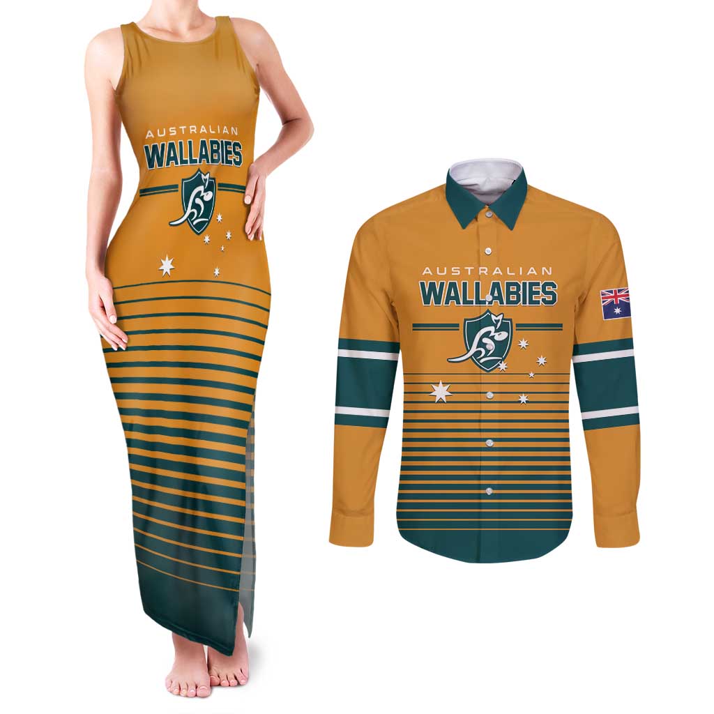 Custom Rugby Australia Couples Matching Tank Maxi Dress and Long Sleeve Button Shirt Junior Wallabies Go Champions