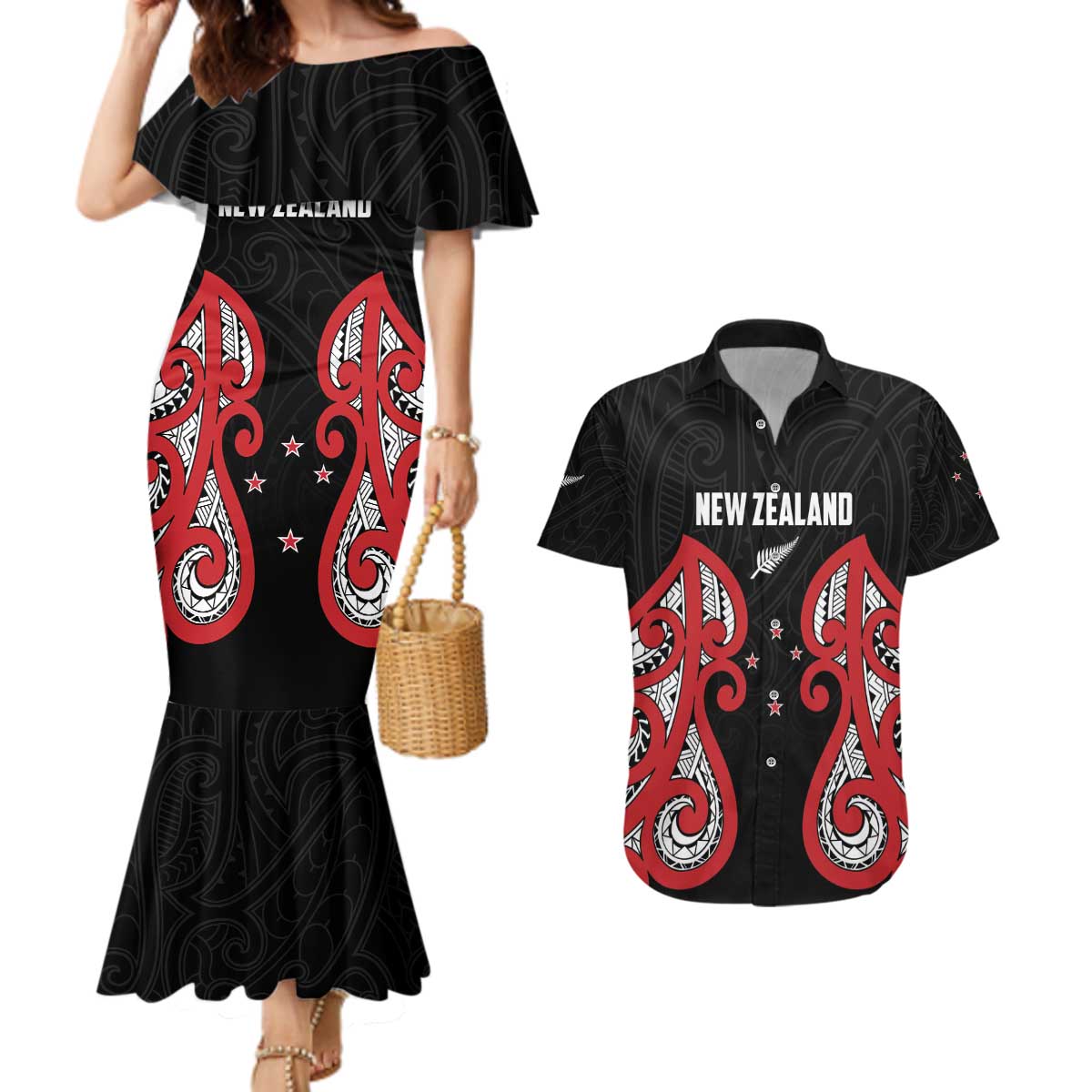 Custom Rugby New Zealand Couples Matching Mermaid Dress and Hawaiian Shirt Baby Black Go Champions