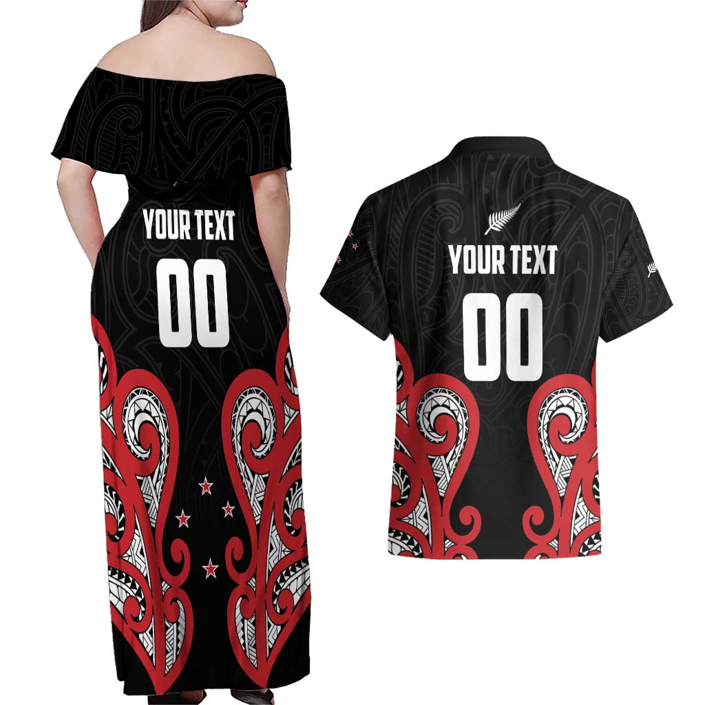 Custom Rugby New Zealand Couples Matching Off Shoulder Maxi Dress and Hawaiian Shirt Baby Black Go Champions
