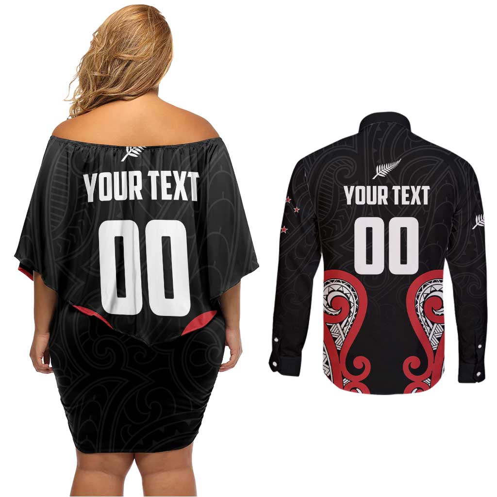 Custom Rugby New Zealand Couples Matching Off Shoulder Short Dress and Long Sleeve Button Shirt Baby Black Go Champions