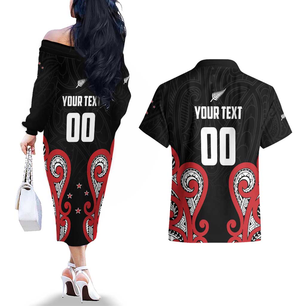 Custom Rugby New Zealand Couples Matching Off The Shoulder Long Sleeve Dress and Hawaiian Shirt Baby Black Go Champions