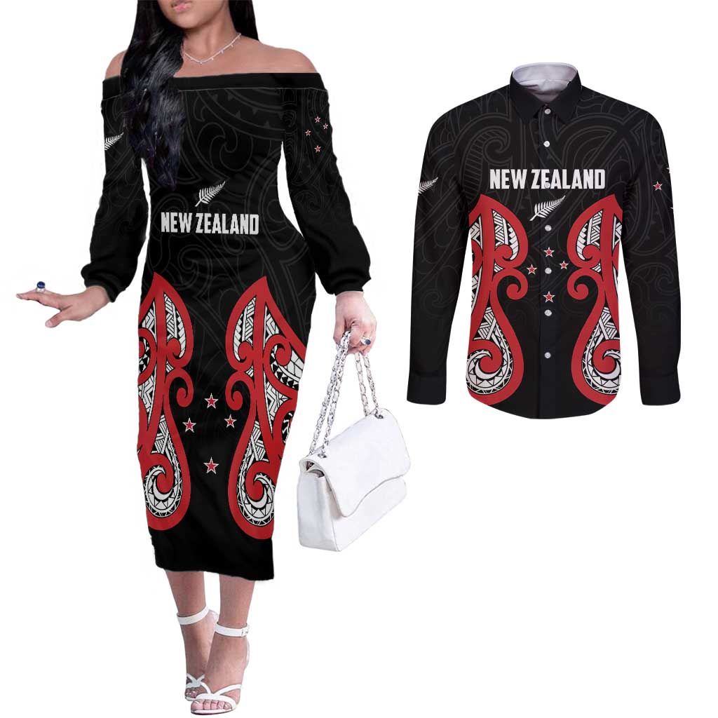 Custom Rugby New Zealand Couples Matching Off The Shoulder Long Sleeve Dress and Long Sleeve Button Shirt Baby Black Go Champions
