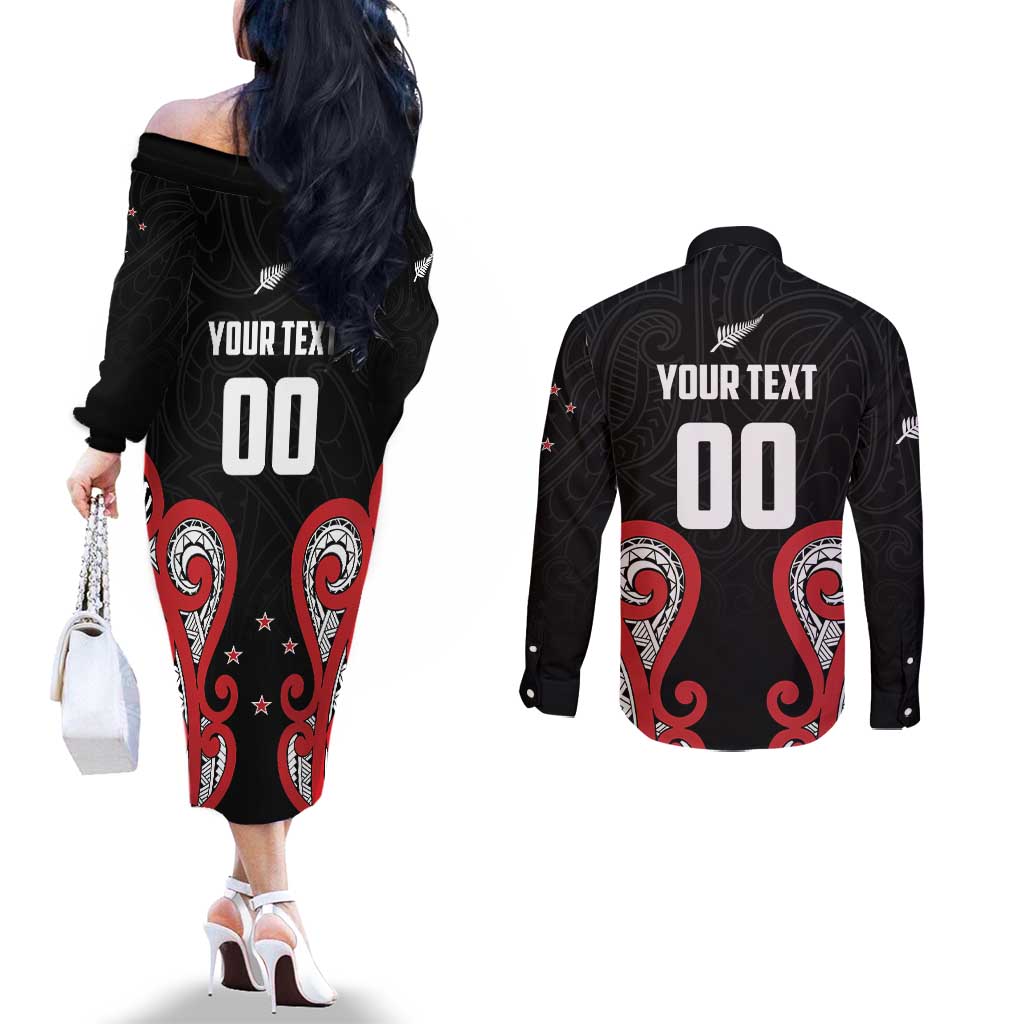 Custom Rugby New Zealand Couples Matching Off The Shoulder Long Sleeve Dress and Long Sleeve Button Shirt Baby Black Go Champions