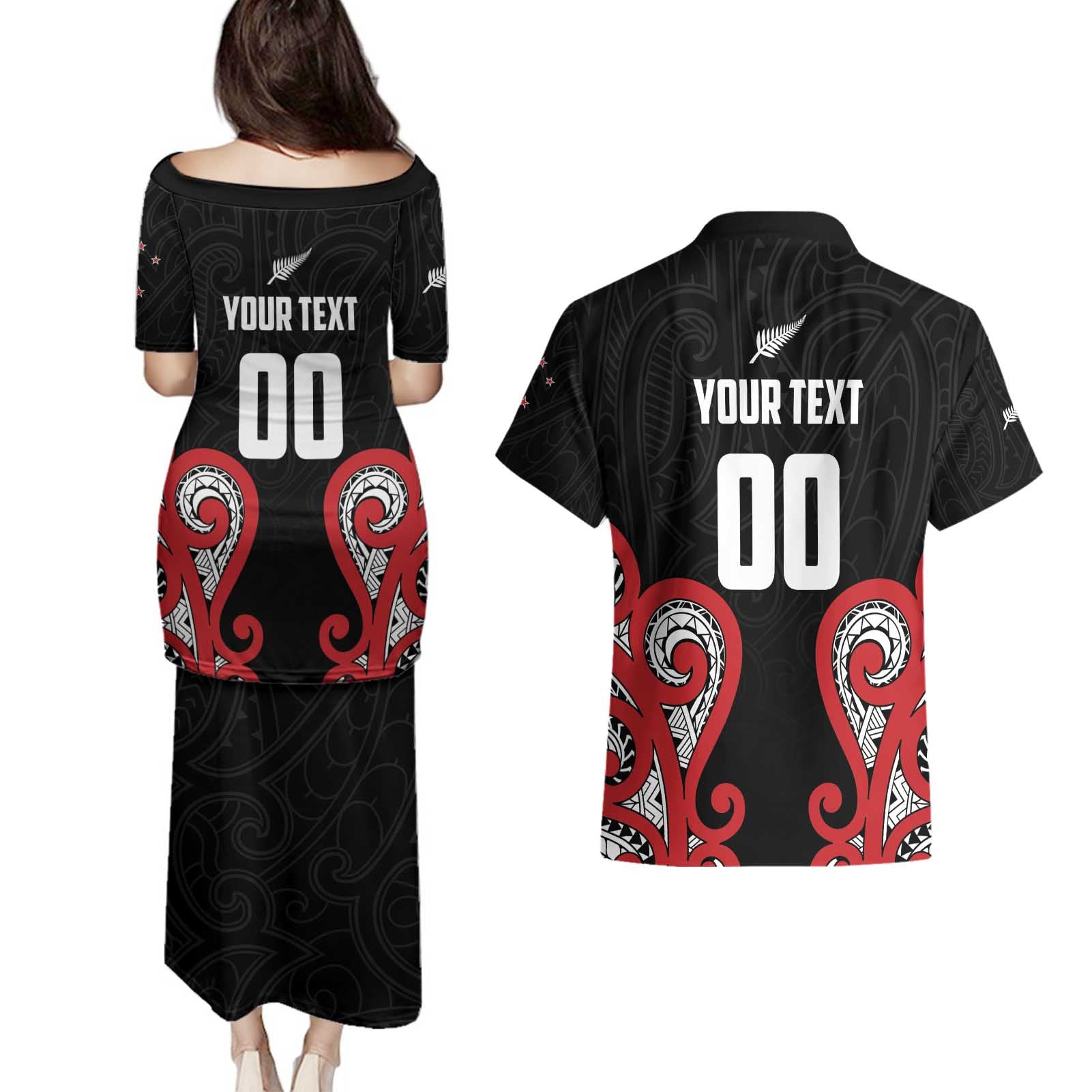 Custom Rugby New Zealand Couples Matching Puletasi and Hawaiian Shirt Baby Black Go Champions