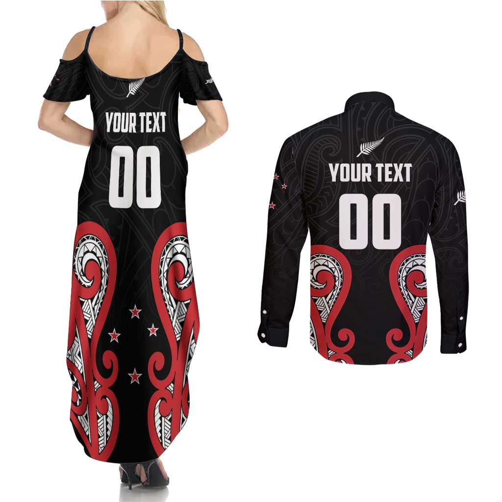 Custom Rugby New Zealand Couples Matching Summer Maxi Dress and Long Sleeve Button Shirt Baby Black Go Champions