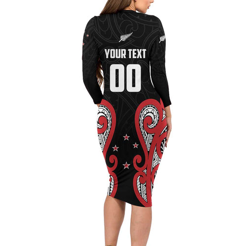 Custom Rugby New Zealand Family Matching Long Sleeve Bodycon Dress and Hawaiian Shirt Baby Black Go Champions