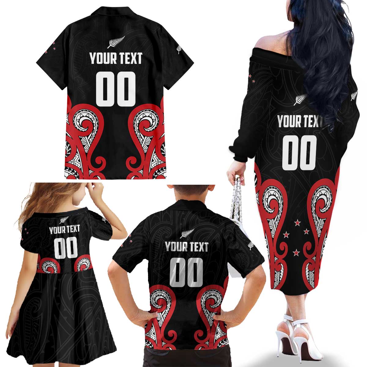 Custom Rugby New Zealand Family Matching Off The Shoulder Long Sleeve Dress and Hawaiian Shirt Baby Black Go Champions