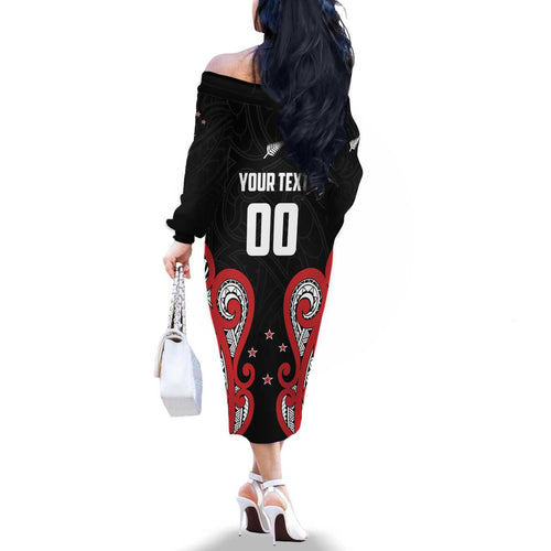 Custom Rugby New Zealand Family Matching Off The Shoulder Long Sleeve Dress and Hawaiian Shirt Baby Black Go Champions