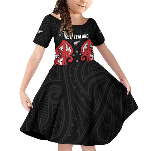 Custom Rugby New Zealand Family Matching Off Shoulder Short Dress and Hawaiian Shirt Baby Black Go Champions