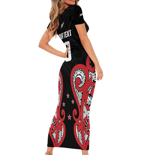 Custom Rugby New Zealand Family Matching Short Sleeve Bodycon Dress and Hawaiian Shirt Baby Black Go Champions
