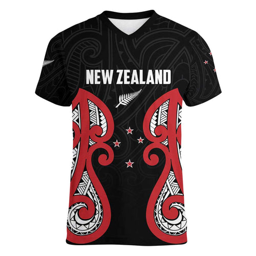 Custom Rugby New Zealand Women V-Neck T-Shirt Baby Black Go Champions