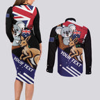 Personalised Australia Kangaroo Koala Together Couples Matching Long Sleeve Bodycon Dress and Long Sleeve Button Shirt Special Edition