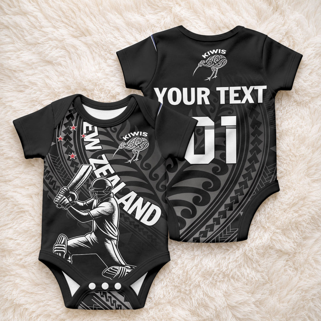 Custom New Zealand Cricket Baby Onesie Maori Kiwi Black Fern