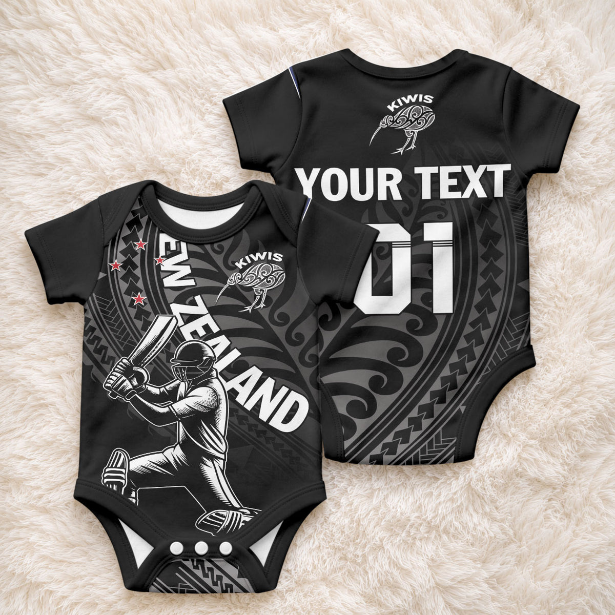 Custom New Zealand Cricket Baby Onesie Maori Kiwi Black Fern