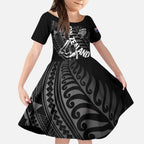 Custom New Zealand Cricket Kid Short Sleeve Dress Maori Kiwi Black Fern