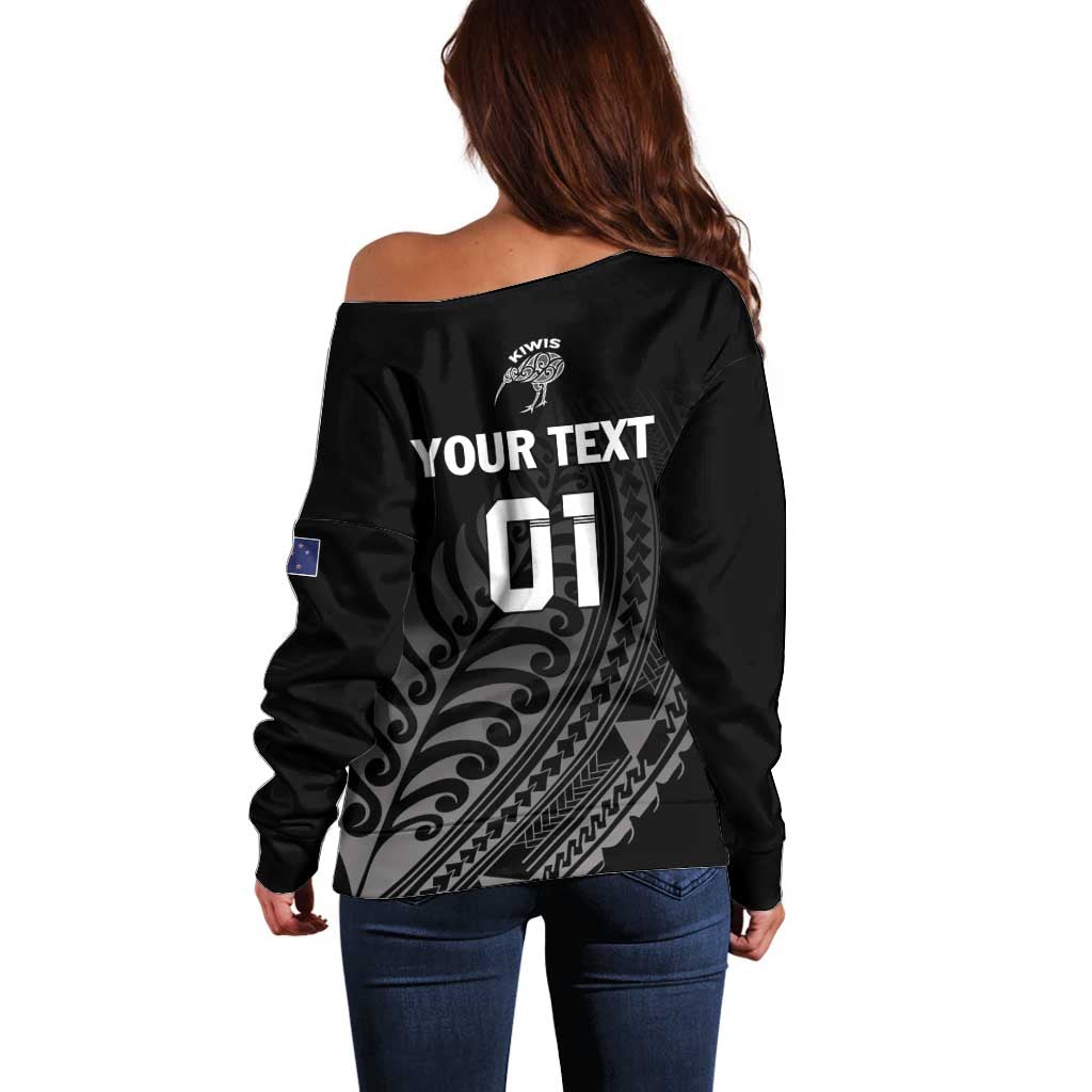 Custom New Zealand Cricket Off Shoulder Sweater Maori Kiwi Black Fern