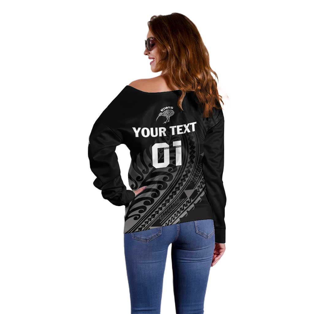 Custom New Zealand Cricket Off Shoulder Sweater Maori Kiwi Black Fern