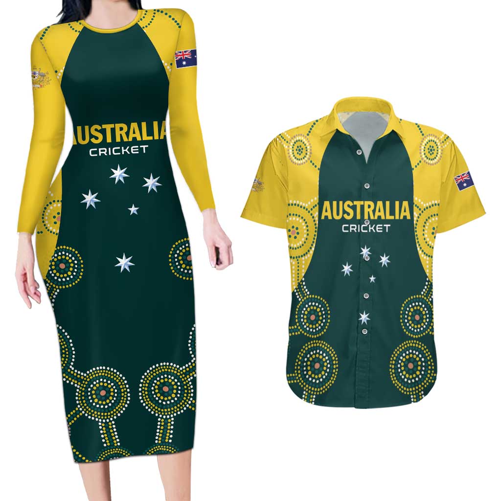 Custom Australia Cricket Couples Matching Long Sleeve Bodycon Dress and Hawaiian Shirt Aussies Champions