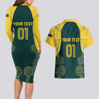 Custom Australia Cricket Couples Matching Long Sleeve Bodycon Dress and Hawaiian Shirt Aussies Champions