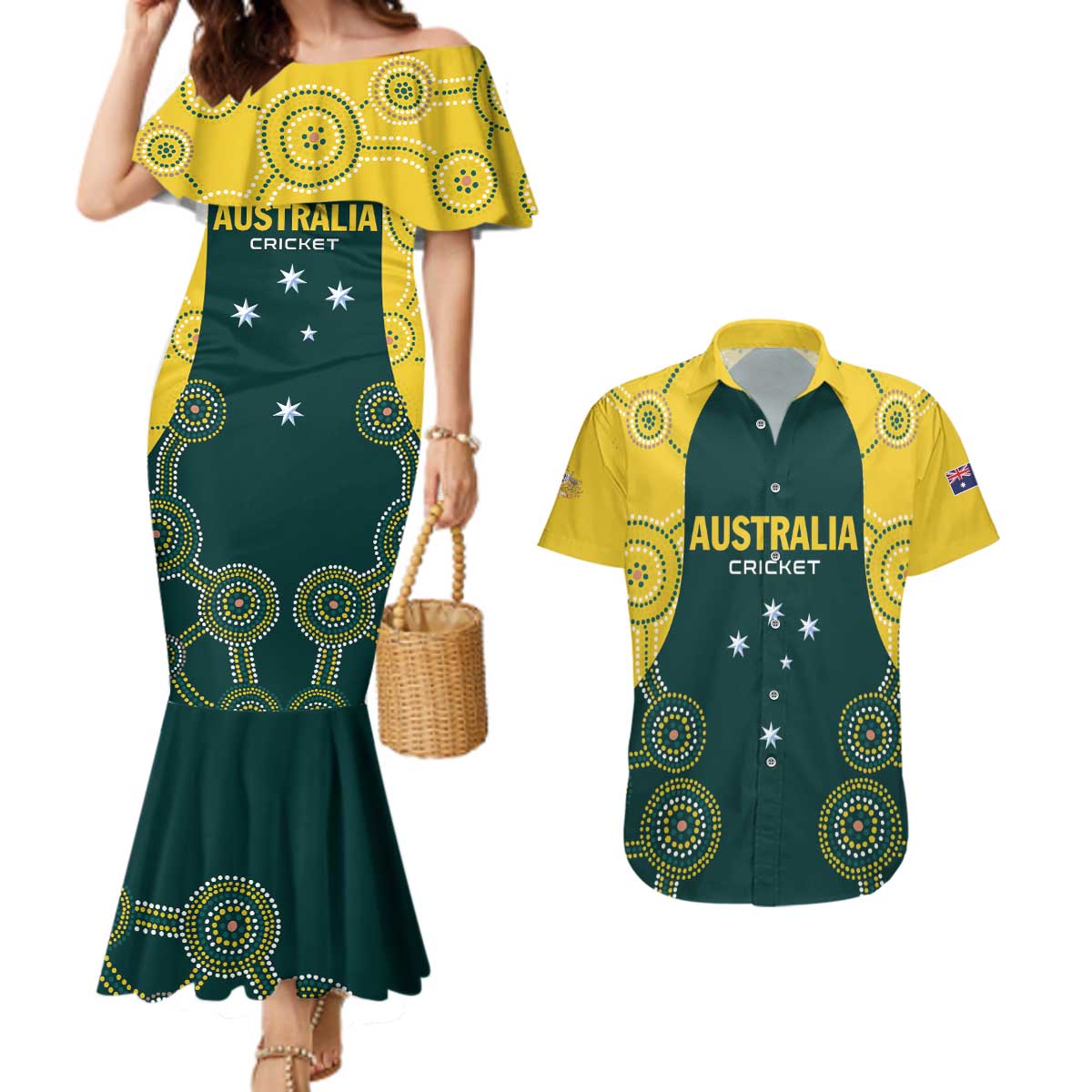 Custom Australia Cricket Couples Matching Mermaid Dress and Hawaiian Shirt Aussies Champions