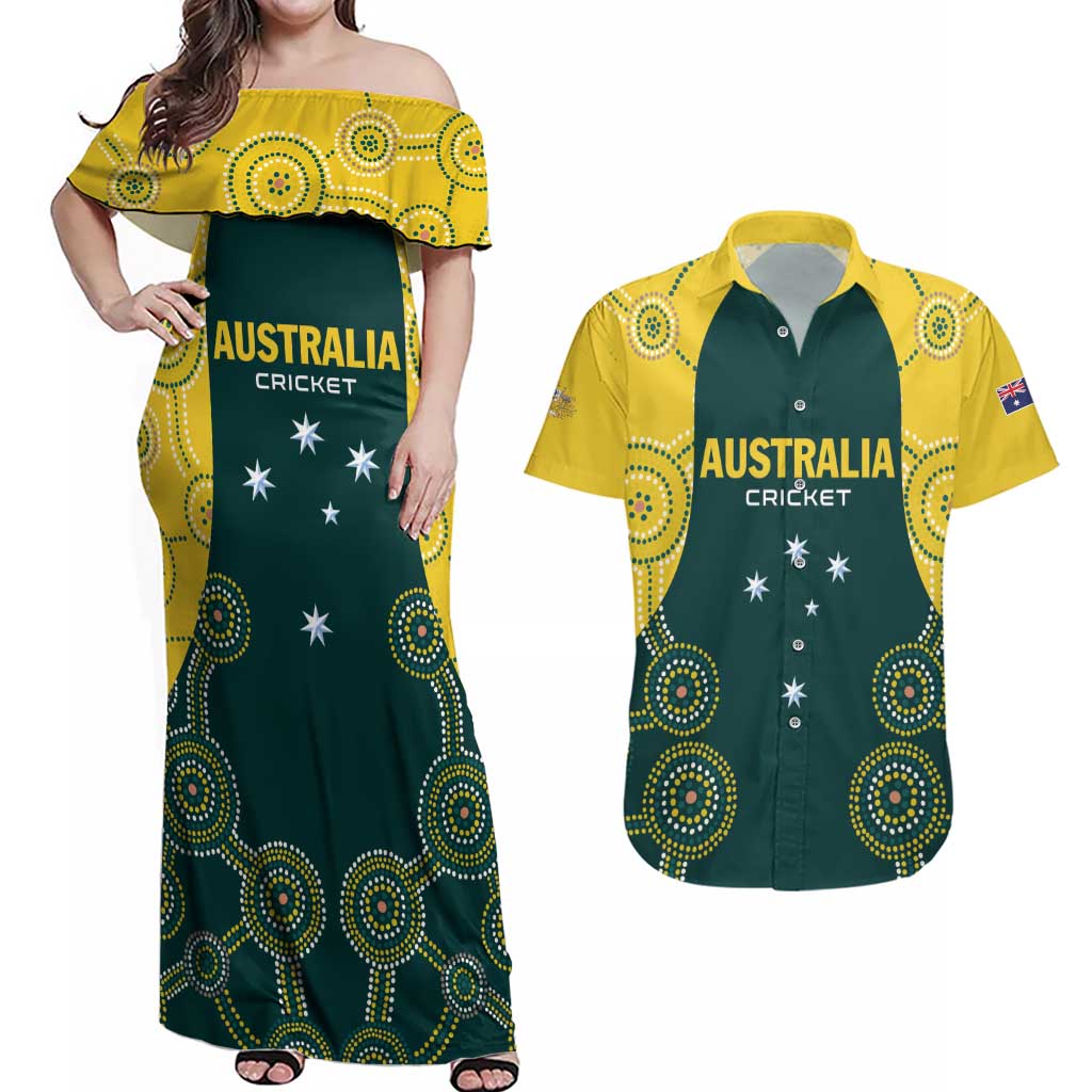 Custom Australia Cricket Couples Matching Off Shoulder Maxi Dress and Hawaiian Shirt Aussies Champions