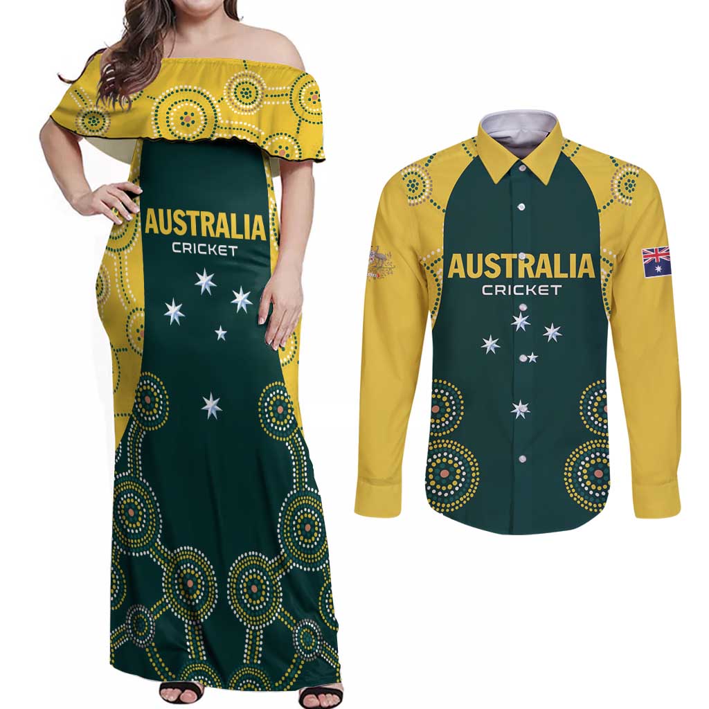 Custom Australia Cricket Couples Matching Off Shoulder Maxi Dress and Long Sleeve Button Shirt Aussies Champions