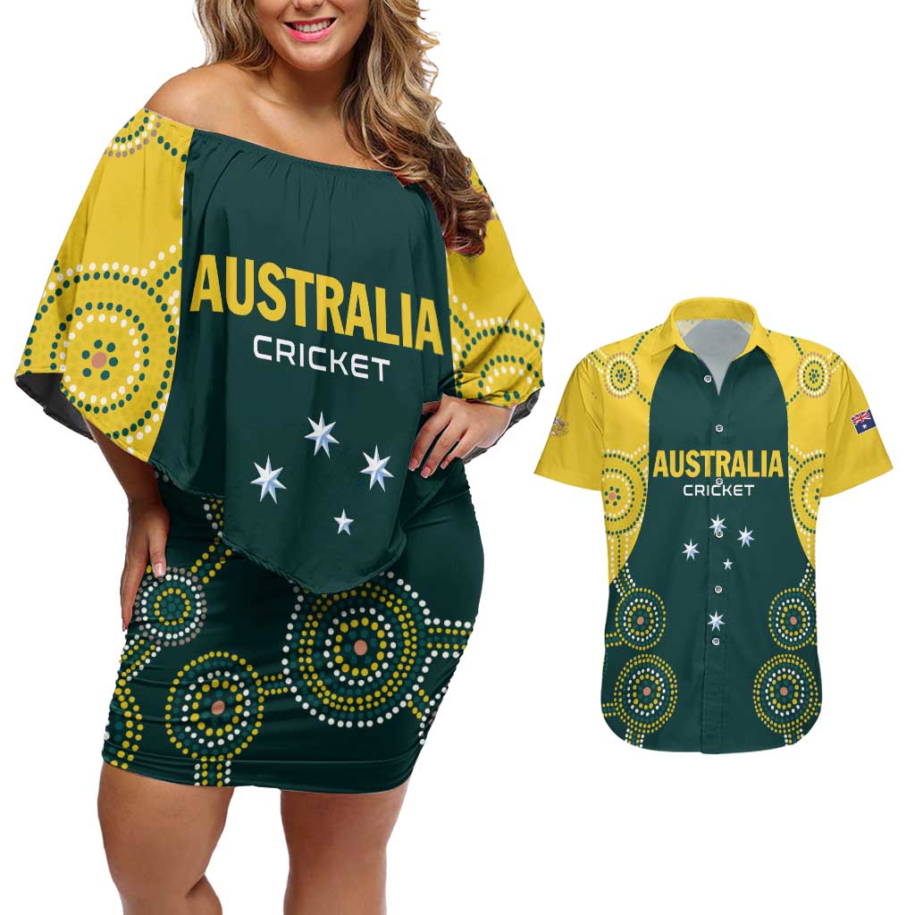 Custom Australia Cricket Couples Matching Off Shoulder Short Dress and Hawaiian Shirt Aussies Champions