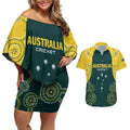 Custom Australia Cricket Couples Matching Off Shoulder Short Dress and Hawaiian Shirt Aussies Champions